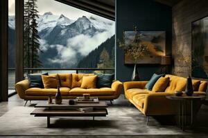 AI generated A cozy and inviting living room with a yellow couch, coffee table, and large window with a stunning view of a snow-capped mountain range. The yellow couch is the focal point of the room photo