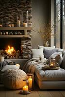 AI generated Bright and airy living room with large window, white couch, green armchairs, coffee table, and rug. Perfect for relaxing and enjoying the natural light. photo