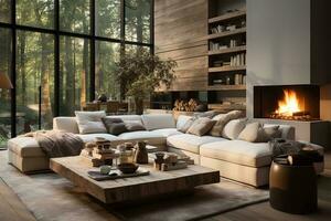 AI generated A cozy living room with a white couch, wooden coffee table, and a large painting of a wave on the wall. The painting is the focal point of the room, and its blue and colors complement photo