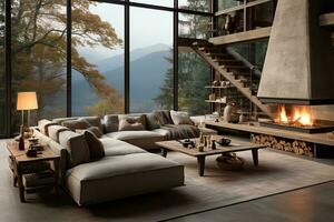 AI generated Stylish living room with gray couch, fireplace, TV, coffee table, rug, and hardwood floor. Perfect for relaxing and entertaining guests. photo