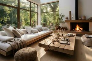 AI generated Cozy living room with a white couch, wooden coffee table, and fireplace in front of a large window. The white couch is inviting and soft, and the wooden coffee table photo