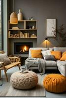 AI generated Spacious living room with sectional couch, fireplace, TV, coffee table, rug, and hardwood floor. Perfect for relaxing and entertaining guests. photo