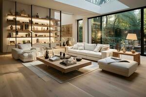 AI generated Inviting living room with fireplace, gray couch, blue armchairs, coffee table, rug, and hardwood floor. The neutral colors create a calming atmosphere, while the fireplace and armchairs photo