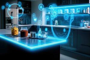 ai generado 3d representación Ciencias y tecnología concepto con laboratorio cristalería en mesa, un inteligente cocina conectado con un Internet conexión, presentando un digital tecnología holograma, ai generado foto