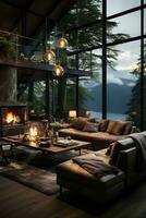 AI generated Stunning living room with fireplace, large windows, lake view, sectional couch, coffee table, rug, and hardwood floor. Perfect for relaxing and enjoying the natural beauty. photo