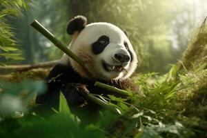 ai generado gigante panda oso comiendo bambú en el bosque, chengdú, porcelana, un panda masticación en bambú, ai generado foto