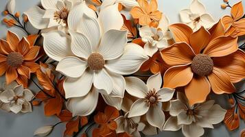 ai generado un de cerca de un manojo de blanco y naranja flores en un blanco fondo, arreglado en un espiral modelo y atado con un blanco cinta. el flores son en lleno floración y tener delicado pétalos foto