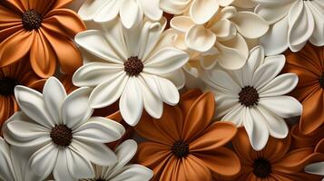 ai generado un grupo de flores en un variedad de colores. el flores son blanco, naranja, y marrón, y ellos son arreglado en un camino ese crea un hermosa modelo. foto