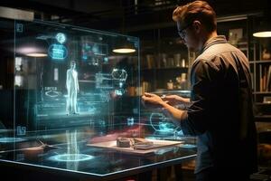 AI generated selective focus of man touching hologram with medical icons on screen, A person using AI hologram technology at work, captured from the rear view, AI Generated photo