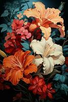 AI generated A stunning digital illustration of a bouquet of colorful flowers in various shades of red, orange, blue, and pink. The background is dark blue and the flowers are arranged in a way photo