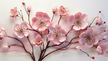 AI generated a beautiful and delicate illustration of pink cherry blossom flowers on a white background. The flowers are arranged in a tree-like formation with thin brown branches photo