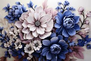 ai generado un maravilloso digital ilustración de un ramo de flores de vistoso flores en diferente sombras de azul, rosa, y blanco. el flores son intrincadamente detallado y tener un realista apariencia. foto