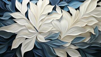 AI generated Close-up photo of white and blue leaves on a black background, revealing the intricate details and vibrant colors of the leaves. The contrast between the dark background