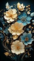 AI generated Blue and gold flowers on a dark background, with the flowers arranged in a bouquet. The flowers are in bloom and have a variety of shapes and sizes, making the bouquet look full photo