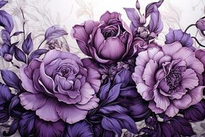 AI generated a beautiful and detailed illustration of purple roses and other flowers. The flowers are in various shades of purple and are arranged in a bouquet-like manner. photo