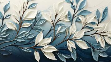 AI generated Abstract painting of a tree branch with white and blue leaves on a blue background. The leaves are simplified and stylized, yet still recognizable. The branches are arranged in a dynamic photo