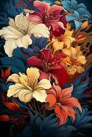 AI generated A stunning digital illustration of a bouquet of colorful flowers in different shades of red, orange, and yellow, with blue and green leaves. The background is dark blue, photo