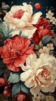 AI generated Close-up of bouquet of vibrant red and white flowers arranged on dark background. Flowers in full bloom, petals soft and delicate. Red flowers add a touch of passion and excitement photo