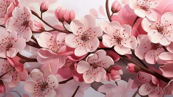 AI generated a beautiful image of pink cherry blossom flowers on a light pink background. The flowers are in full bloom and the petals are a soft pink color. photo