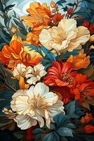 AI generated A beautiful illustration of a bouquet of flowers with a pale pink background. The flowers are intricately detailed and appear to be poppies, peonies, and anemones. photo