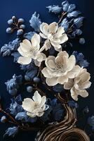 AI generated a beautiful and intricate depiction of white flowers and blue leaves on a dark blue background. The flowers are in full bloom and the leaves are detailed and lifelike. photo