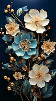 AI generated Close-up of a bouquet of vibrant blue and gold flowers arranged on a dark blue background. The flowers are in full bloom and their petals are soft and delicate. photo