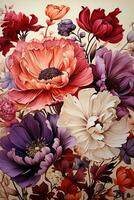AI generated A stunning illustration of various flowers in different shades of red, purple, and orange. The flowers are intricately drawn and have a realistic appearance. photo