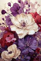 AI generated a bouquet of flowers in various shades of red, purple, and white. The flowers are intricately detailed and the background is a soft beige color. photo