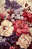 AI generated A stunning illustration of a bouquet of flowers in various shades of red, pink, purple, and white. The background is a soft beige color, which allows the flowers to stand out. photo