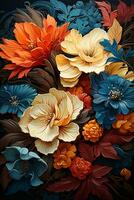 AI generated A close-up of a bouquet of bright and colorful flowers arranged on a dark background. The flowers are in full bloom and their petals are soft and delicate. photo