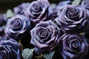 AI generated A close-up photo of a bunch of purple roses with green leaves on a black background, revealing the velvety petals and delicate details of the roses.