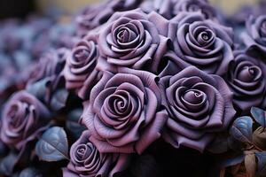 AI generated A close-up of a bunch of purple roses sitting next to each other on a white background. The roses are in full bloom and have delicate petals, with their purple color appearing rich photo