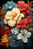 ai generado un maravilloso digital ilustración de un ramo de flores de vistoso hibisco flores en varios sombras de rojo, naranja, azul, y blanco. el antecedentes es oscuro azul foto