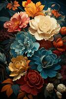 AI generated A stunning digital illustration of a bouquet of colorful hibiscus flowers in various shades of red, orange, blue, and white. The background is dark blue photo