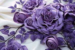 AI generated a group of pink roses with a dark background. The roses are in full bloom and the petals are intricately detailed. The background is a deep purple with intertwining vines and leaves. photo