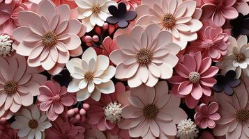 AI generated close-up photo of paper flowers features a beautiful arrangement of pink, white, and black flowers. The flowers are arranged in a way that creates a stunning and eye-catching background.