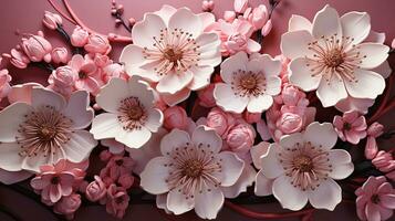 AI generated a stunning close-up of a variety of paper flowers in shades of pink, white, and black. The flowers are arranged in a way that creates an eye-catching background. photo