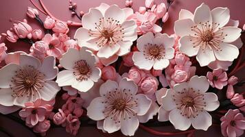 ai generado un maravilloso de cerca de un variedad de papel flores en sombras de rosa, blanco, y negro. el flores son arreglado en un camino ese crea un llamativo antecedentes. foto