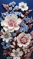 AI generated a beautiful and detailed illustration of a bouquet of flowers. The flowers are in various shades of pink, blue, and white, and are set against a dark blue background. photo