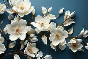 AI generated Close-up of bouquet of white flowers arranged in simple vase on dark blue background. Flowers in full bloom, petals delicate and soft-looking. photo