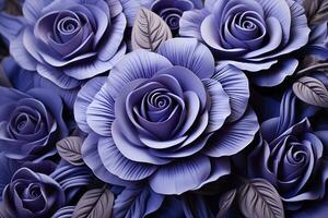 AI generated a bouquet of purple flowers with a blue background. The flowers are detailed and realistic, with a mix of roses and other types of flowers. photo