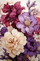 AI generated a beautiful illustration of a bouquet of flowers. The flowers are in various shades of purple, pink, and white. The background is a light beige color with intricate gold designs. photo