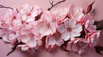 AI generated a beautiful and realistic depiction of pink cherry blossom flowers on a pink background. The flowers are arranged in a way that creates a sense of depth and dimension. photo