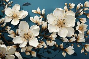 AI generated Close-up of white flowers emerging from blue leaves, arranged on dark blue background. Flowers in full bloom, petals soft and delicate. Blue leaves add unique contrast photo
