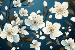 AI generated Close-up of bouquet of white flowers arranged on blue background. Flowers in full bloom, petals delicate and soft-looking. White flowers add touch of elegance and sophistication. photo