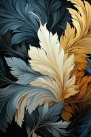 AI generated Feathers and leaves on black background, This stunning painting features a variety of colorful feathers and leaves arranged on a black background. The contrast between the bright colors photo