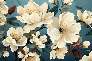 AI generated a beautiful floral pattern with white flowers and brown branches on a blue background. The flowers have yellow centers and the leaves are a mix of green and brown. photo