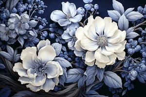 AI generated A close-up of a bouquet of blue and white flowers arranged on a dark blue background. The flowers are in full bloom and their petals are delicate and soft-looking. photo