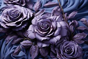 ai generado un hermosa y intrincado ilustración de varios flores en diferente sombras de púrpura, rosa, y azul. el flores son arreglado en un camino ese crea un sentido de profundidad y dimensión. foto