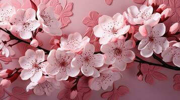 AI generated A photo-realistic image of pink cherry blossom flowers on a pink background. The flowers are arranged in a way that creates a sense of depth and dimension. photo